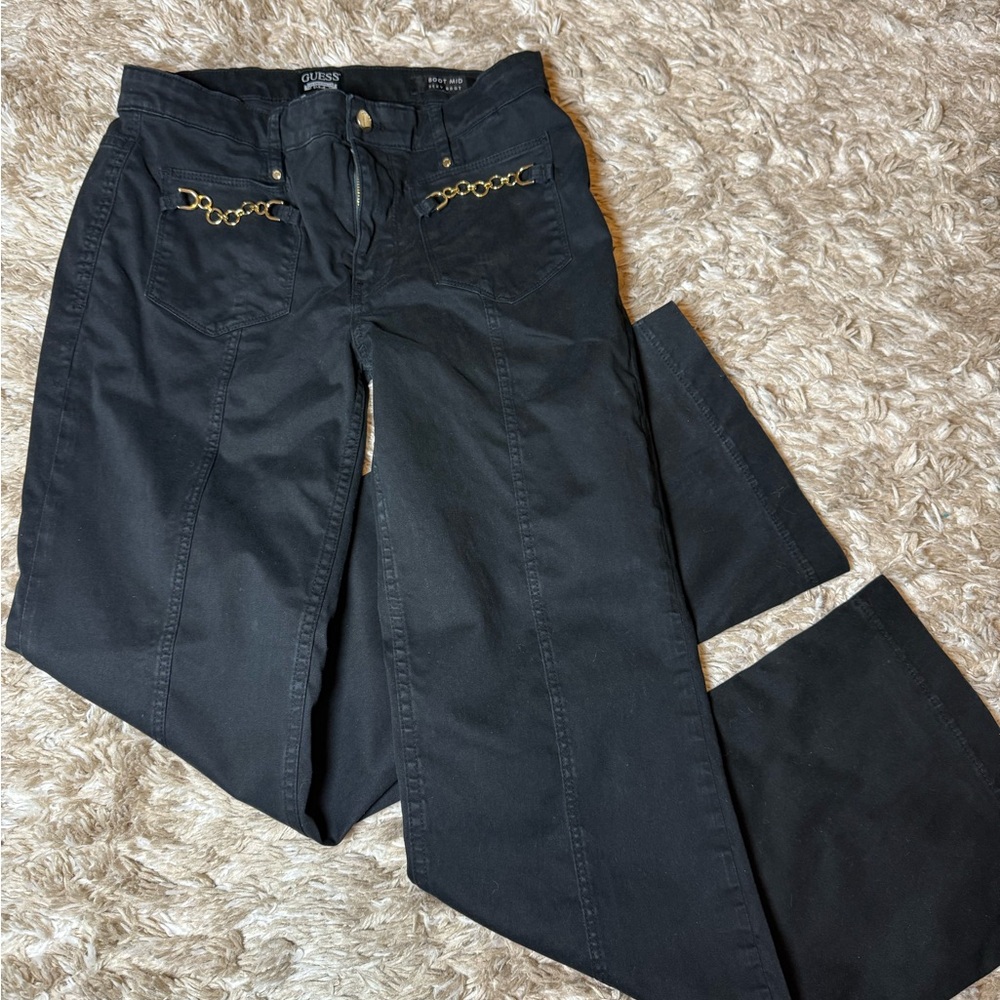 Guess Black Flare Jeans with Gold Chain Detail size 29
